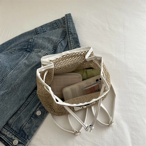 Damen Stroh Rucksack Gewebte Strandtasche Mit PU Leder Klappe Kordelzug Sommer Urlaub Lässig Kleiner Reiserucksack
