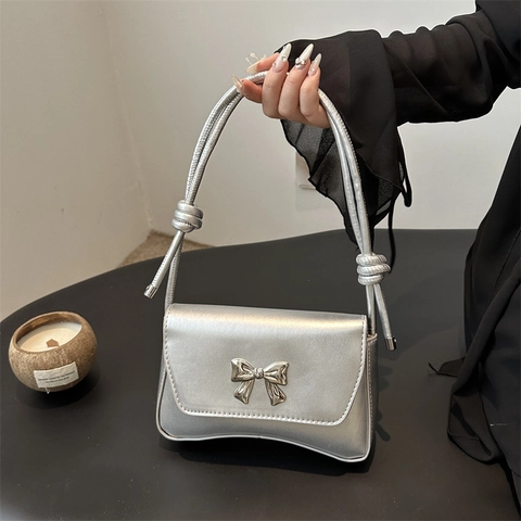 Women Shoulder Crossbody Bag PU Leather Flap Square Bag With Metal Bow Knotted Strap French Chic Sweet Handbag