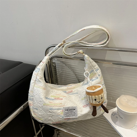 Borsa A Spalla Hobo Mezzaluna Da Donna Tessuto Nylon Ricamo Onde Colorate Trapuntata Tracolla Regolabile Moda Casual