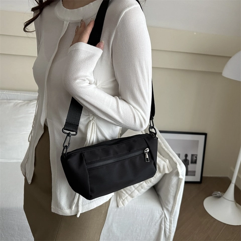 Women Casual Nylon Crescent Shoulder Bag Fashion Solid Color Crossbody Bag With Adjustable Wide Strap Lightweight Daily Bag