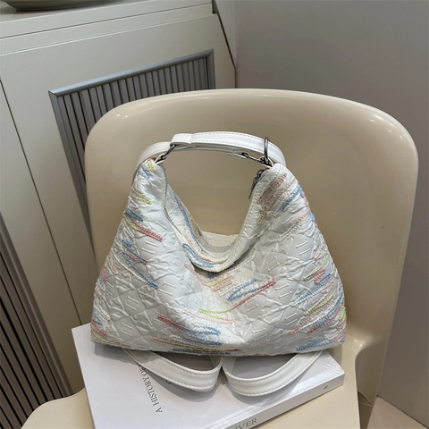 Dames Schoudertas Hobo Borduurwerk Golfpatroon Lichtgewicht Stoffen Handtas Casual Mode Tas