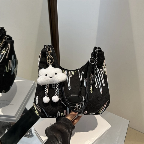 Damen Unterarm Schultertasche Bunte Wellenstickerei Strukturierter Stoff Handtasche Mit Metallkette Und Plüschwolkenanhänger