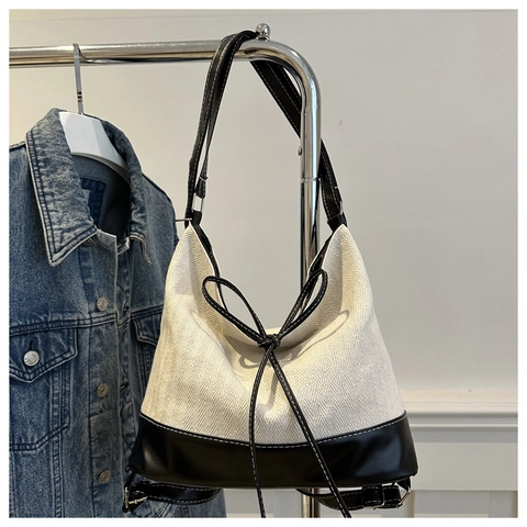Borsa Tote in Tela Minimalista da Donna Con Dettaglio Fiocco Grande Capacità Cuciture a Contrasto Borsa a Tracolla Pelle PU Giunzione Borsa da Viaggio Casual