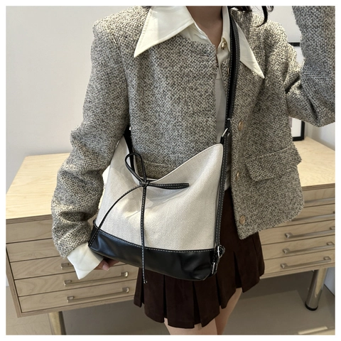 Borsa A Spalla Da Donna Grande Capacità Tela E Pelle PU Motivo A Lisca Di Pesce Fiocco Borsa Tote Casual