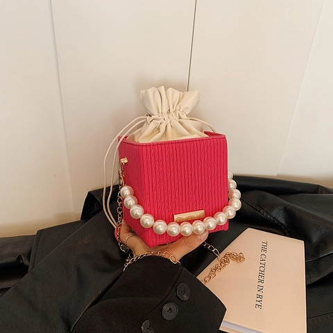 Mini Sac Seau Cuir PU Plissé Poignée Künstliche Perle Cordon Sac Bandoulière Cube Pour Femme Rétro Elégant Chic
