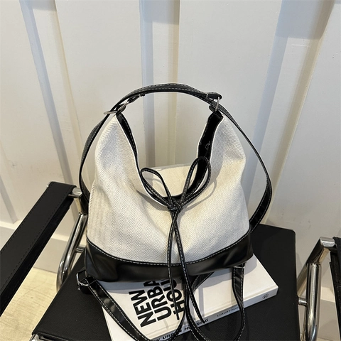 Borsa A Spalla Da Donna Grande Capacità Tela E Pelle PU Motivo A Lisca Di Pesce Fiocco Borsa Tote Casual