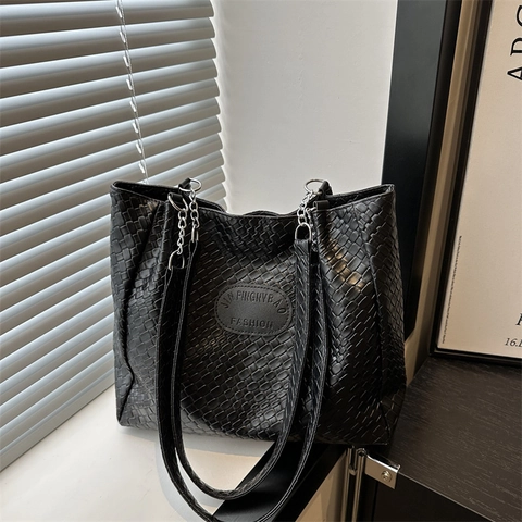 Woven Texture Tote Bag Large Capacity PU Leather Commuter Fashion Shoulder Handbag With Chain Strap For Women