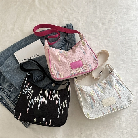 Dames Casual Reliëf Stof Hobotas Met Gekleurde Golvende Borduursels Chique Halve Maan Oksel Schouder Crossbodytas