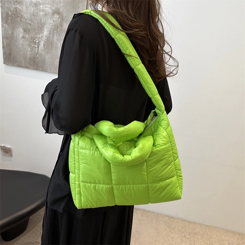 Bolso Tote de Algodón Acolchado Casual para Mujer Gran Capacidad Costuras Bolso de Hombro Moda Color de Contraste Bolso de Mano para Uso Diario