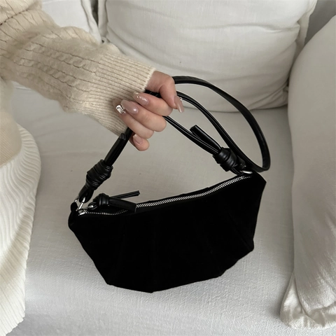 Women Vintage Suede Pleated Hobo Bag Minimalist Knotted Strap Half Moon Croissant Shoulder Crossbody Bag