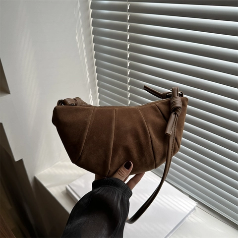 Women Vintage Suede Pleated Hobo Bag Minimalist Knotted Strap Half Moon Croissant Shoulder Crossbody Bag