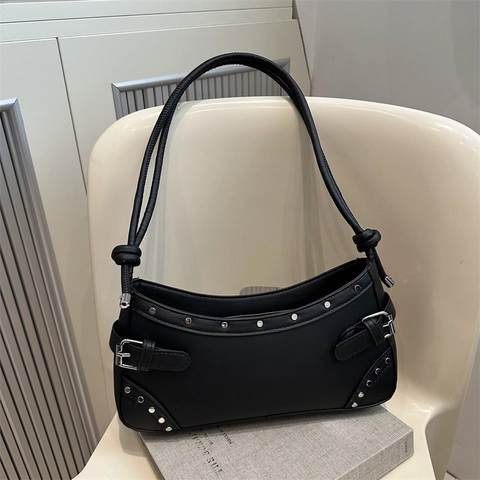 Women Baguette Shoulder Bag PU Leather Silver Rivets Knot Strap Vintage Y2K Underarm Purse Minimalist Cool Style