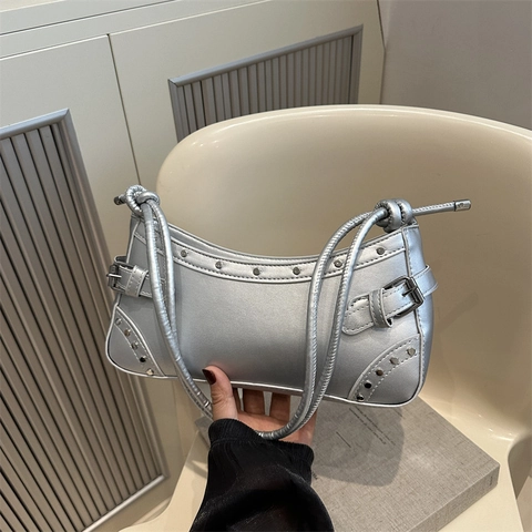 Women Baguette Shoulder Bag PU Leather Silver Rivets Knot Strap Vintage Y2K Underarm Purse Minimalist Cool Style