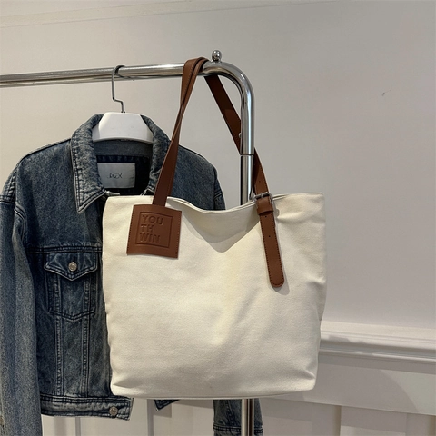 Bolso Tote Grande De Lona Para Mujer Bolso De Hombro Color Contrastado Con Correas Ajustables De Cuero Sintético Diario