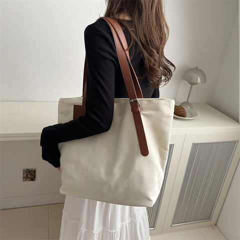Bolso Tote Grande De Lona Para Mujer Bolso De Hombro Color Contrastado Con Correas Ajustables De Cuero Sintético Diario