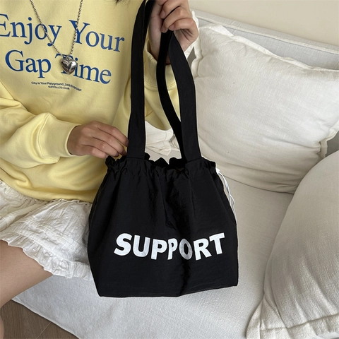 Borsa Tote In Tela Con Stampa Lettere Support Grande Capacità Borsa A Spalla Da Donna Stile Coreano Casual Versatile Chiusura Con Coulisse