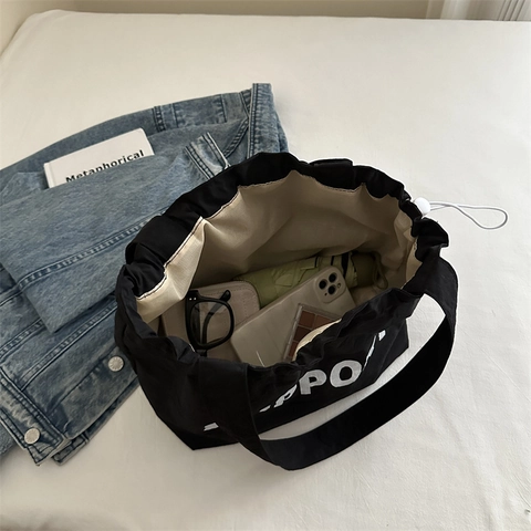 Borsa Tote In Tela Con Stampa Lettere Support Grande Capacità Borsa A Spalla Da Donna Stile Coreano Casual Versatile Chiusura Con Coulisse