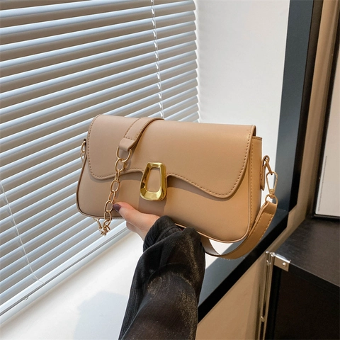 Women PU Leather Crossbody Bag With Geometric Gold Buckle And Chain Strap Trendy Minimalist Shoulder Handbag Chic