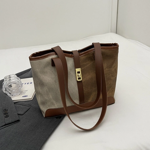 Bolso Tote Para Mujer Gran Capacidad Cuero PU Lona Color En Contraste Francés Vintage Retro Hombro Bolso De Mano Cierre Dorado