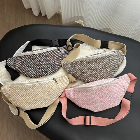 Damen Gewebte Tweed Gürteltasche Mode Lässige Brusttasche Mit Verstellbarem Riemen Und Reißverschluss Bauchtasche