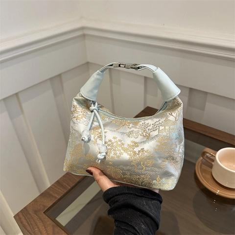 Chinesische Jacquard Handtasche Damen Verstellbarer Gurt Umhängetasche Blumenmuster Satin Textur Elegant