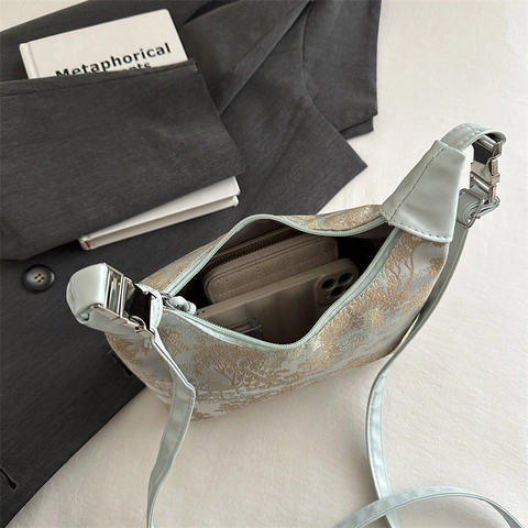 Chinesische Jacquard Handtasche Damen Verstellbarer Gurt Umhängetasche Blumenmuster Satin Textur Elegant