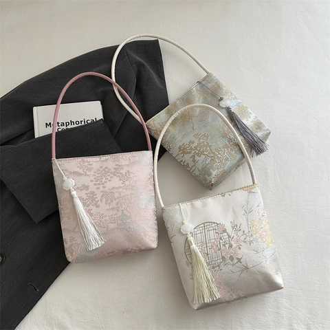 Sac À Épaule Style Néo Chinois Tissu Jacquard Motif Paysage Pavillon Avec Gland Sac Sous Le Bras Vintage Élégant