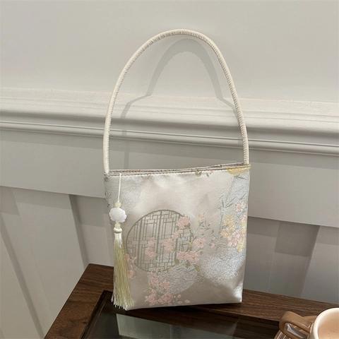 Sac À Épaule Style Néo Chinois Tissu Jacquard Motif Paysage Pavillon Avec Gland Sac Sous Le Bras Vintage Élégant
