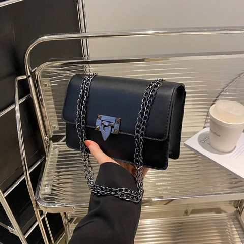 Bolso Bandolera Mujer Cuero PU Color Sólido Correa Cadena Metálica Cierre Remache Bolso Cuadrado Pequeño Street Trendy