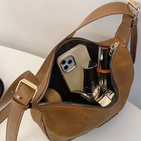 Sac Bandoulière Demi-Lune Vintage Femmes Grande Capacité Cuir PU Denim Sac Hobo Sangle Réglable