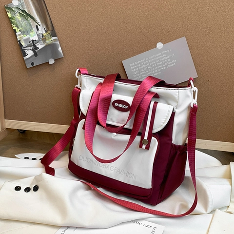 Bolso Tote De Lona De Gran Capacidad Color En Contraste Bolso De Hombro Cruzado Con Múltiples Bolsillos Para Mujer Diario