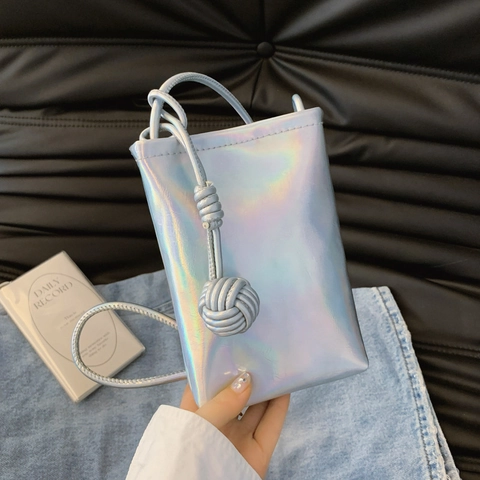 Mini Crossbody Cell Phone Bag For Women PU Leather Metallic Laser Knot Strap Stylish Small Rectangular Shoulder Bag