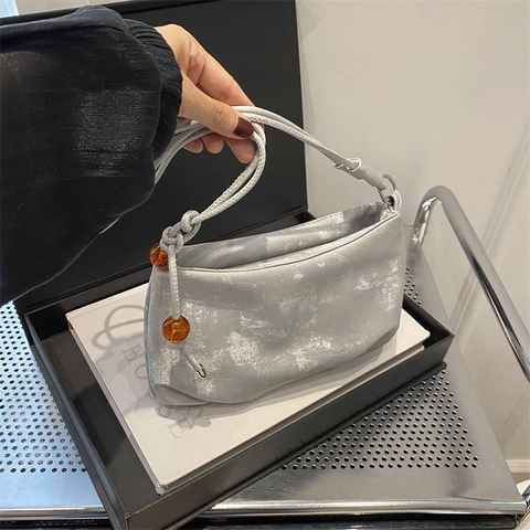 Borsa A Tracolla Nuvola Pieghettata Donna Morbida Pelle PU Borsa A Spalla Sotto L ascella Con Perline Ambra Vintage Minimalista