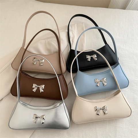 Bolso De Axila Para Mujer De Cuero PU Con Lazo Metálico Bolso De Hombro Elegante Color Sólido Moda