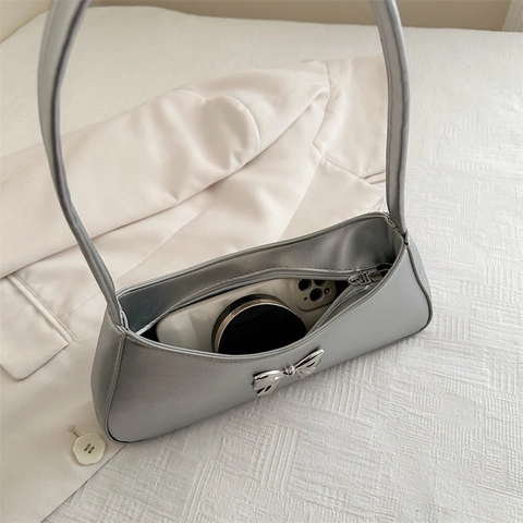 Bolso De Axila Para Mujer De Cuero PU Con Lazo Metálico Bolso De Hombro Elegante Color Sólido Moda
