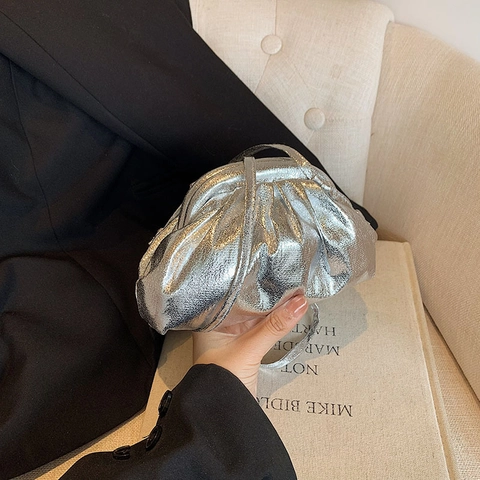 Ruched Cloud Bag Metallic PU Leather Pleated Crossbody Clutch Dumpling Purse Fashion For Women
