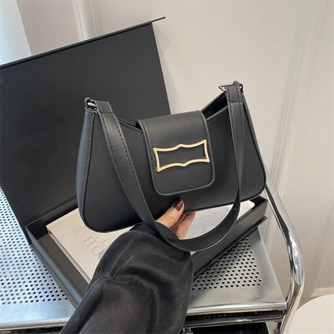 Women Minimalist Underarm Bag PU Leather Baguette Shoulder Bag With Gold Metal Buckle Vintage Solid Color Trendy Commuter Handbag