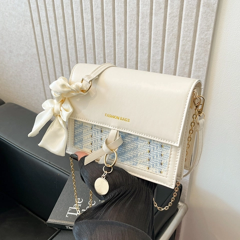 Women Crossbody Bag PU Leather Tweed Patchwork Chain Strap Satin Scarf Bow Golden Pendant Small Square Bag Sweet Vintage