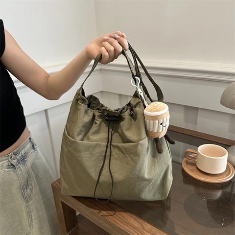Crossbody Bucket Bag Nylon Crinkled Drawstring Adjustable Strap Large Capacity Daily Casual Minimalist For Women