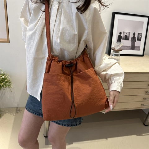 Crossbody Bucket Bag Nylon Crinkled Drawstring Adjustable Strap Large Capacity Daily Casual Minimalist For Women