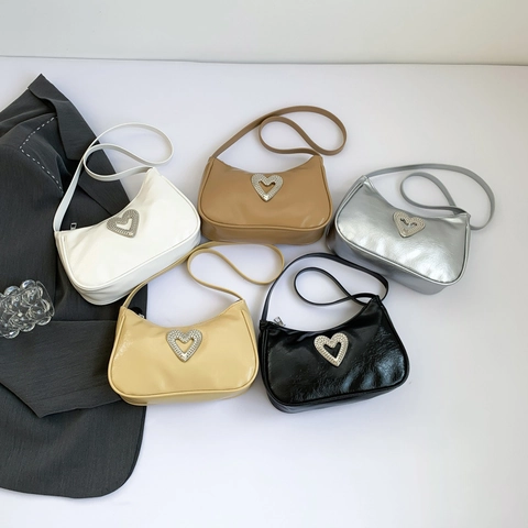 Baguette Underarm Bag PU Leather Rhinestone Heart Buckle Solid Color Shoulder Purse Fashion Handbag For Women Elegant