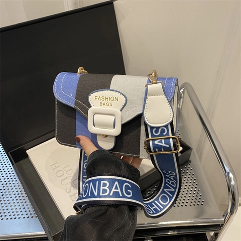 Women Crossbody Bag PU Canvas Contrast Color Wide Letter Strap Fashion Casual Small Square Flap Handbag