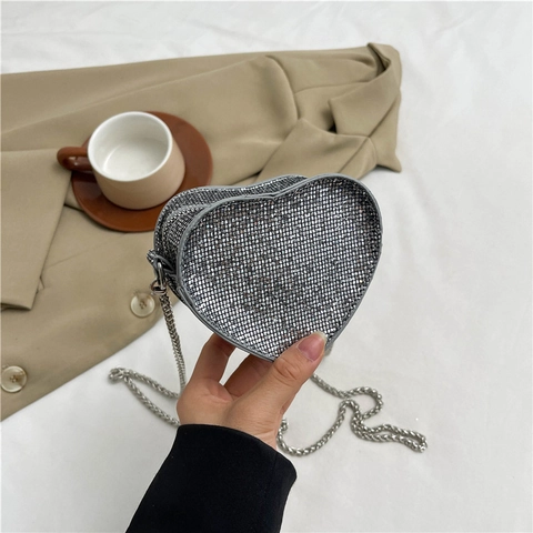 Heart Shaped Mini Crossbody Bag Rhinestone Sequin PU Leather Chain Strap Evening Party Purse For Women