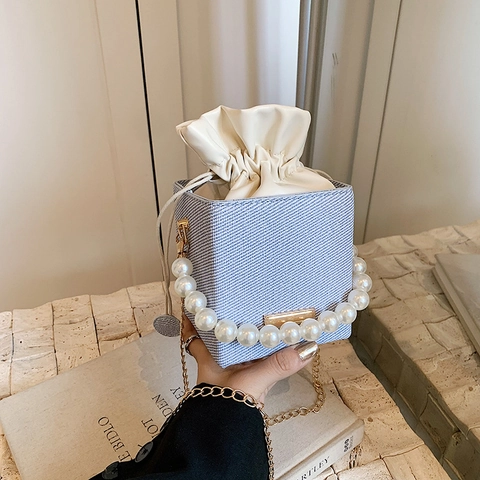Women Mini Square Bucket Bag With Artificial Pearl Handle And Gold Chain Strap PU Woven Texture Drawstring Messenger Handbag