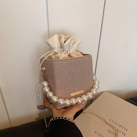 Women Mini Square Bucket Bag With Artificial Pearl Handle And Gold Chain Strap PU Woven Texture Drawstring Messenger Handbag