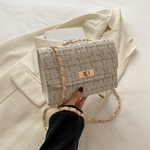 Elegant Tweed Shoulder Bag With Gold Chain Strap Vintage Small Square Crossbody Handbag For Women Stylish Party Accessory