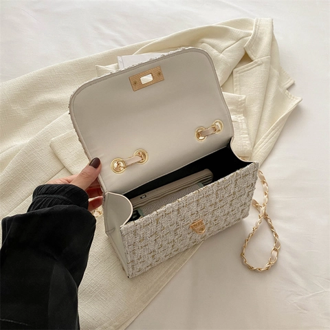 Elegant Tweed Shoulder Bag With Gold Chain Strap Vintage Small Square Crossbody Handbag For Women Stylish Party Accessory