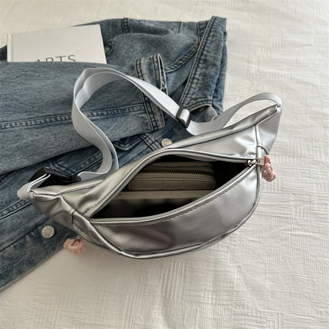 Women PU Leather Waist Bag Metallic Chest Bag Crossbody Bag With Letter Embroidery Braided Zipper Pull Streetwear Casual