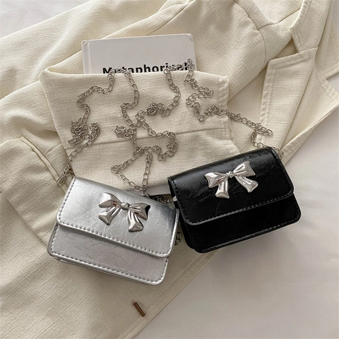 Women's Mini Crossbody Bag PU Leather Bow Decoration Square Flap Chain Shoulder Bag Fashion Commute Solid Color
