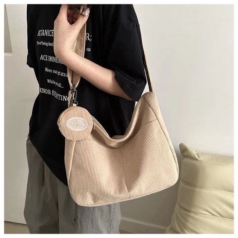 Large Capacity Corduroy Shoulder Bag With Circular Coin Purse For Women Urban Casual Tote Hobo Crossbody Bag Ribbed Fabric